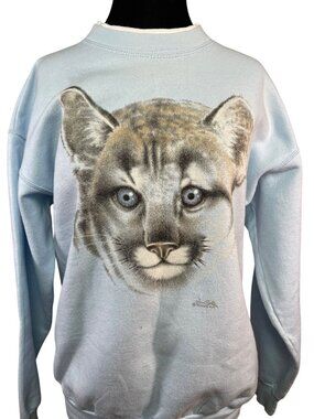 Vintage 80s Unisex Sweatshirt Cougar Graphic Light Blue Medium Cotton Blend Good